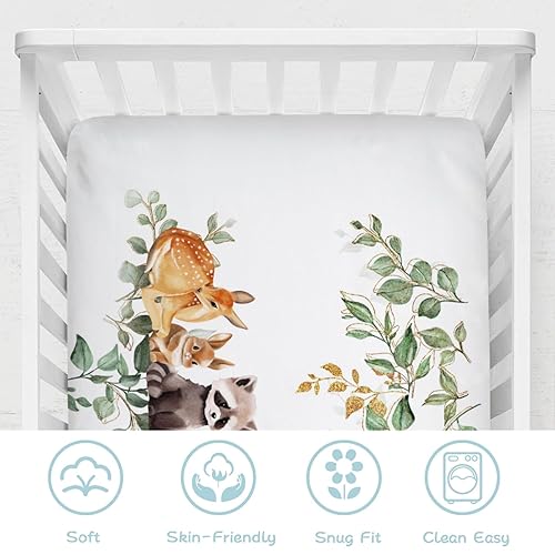 Miniatura 5 de Sábanas para cuna de bebé, diseño de animales del bosque, hojas de eucalipto, 52 x 28 pulgadas, oso, mapache, zorro, ciervo, conejo, erizo,