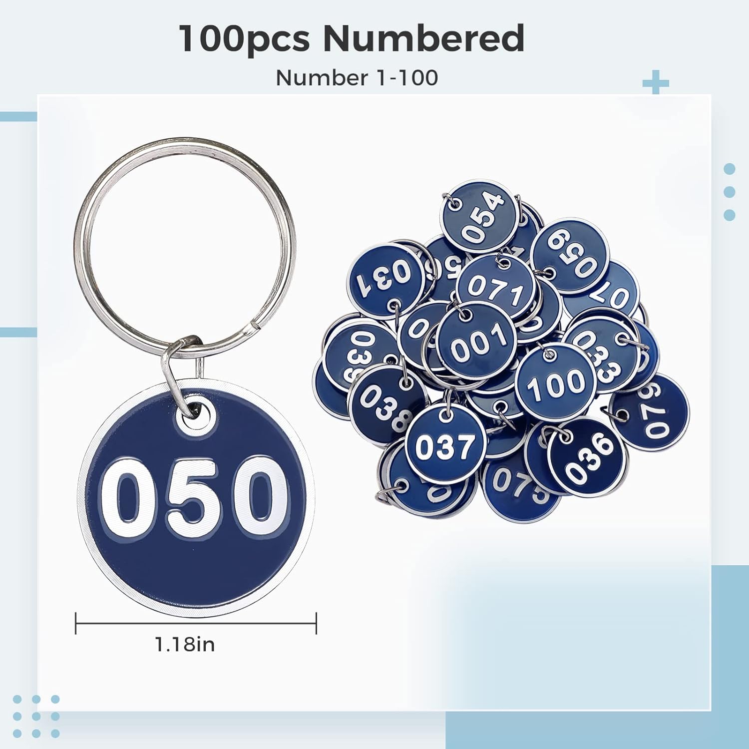 Numbered Tags, 100 Pcs Number 001-100 Stamping Number Tags Labels for Classification, Round Metal Numbered Marking Identification Hang Tags with Key Ring for Keys, Cabinets, Boxes, Animals
