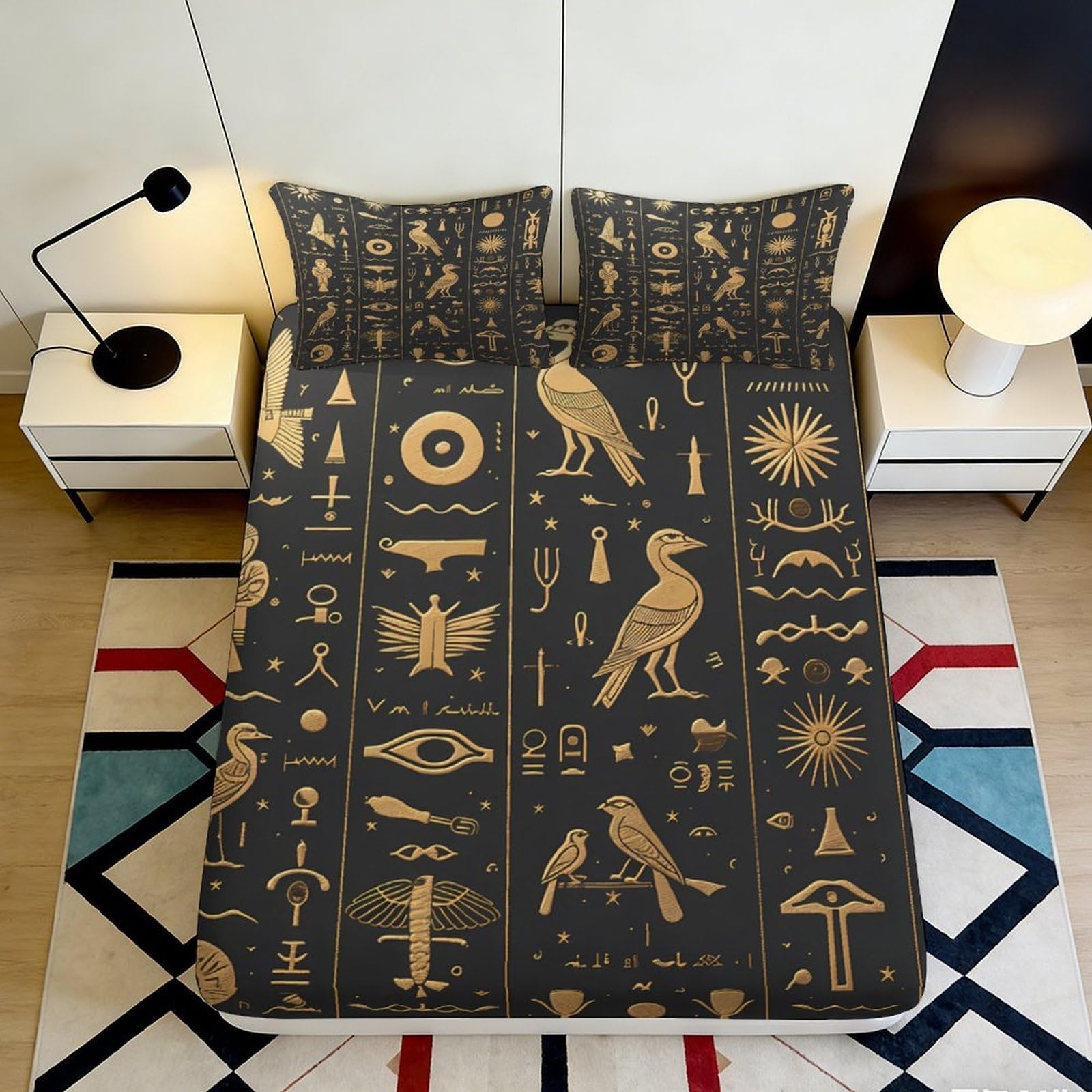 3D Printed Egyptian Hieroglyph Fitted Sheet Microfiber Black Gold Ancient Symbol Bed Cover for Bedroom Guest Room 180x200x25cm