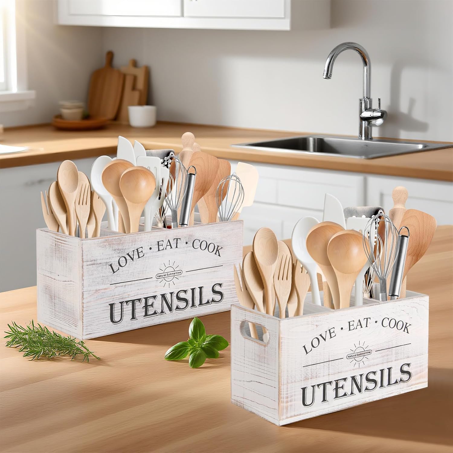2 PC Wooden Utensil Holder,（With 4-Compartments size*1 + 3-Compartments size*1） Extra Large Kitchen Counter,Cooking Spatula Organizer,Farmhouse Decor, Rustic Cooking Utensil