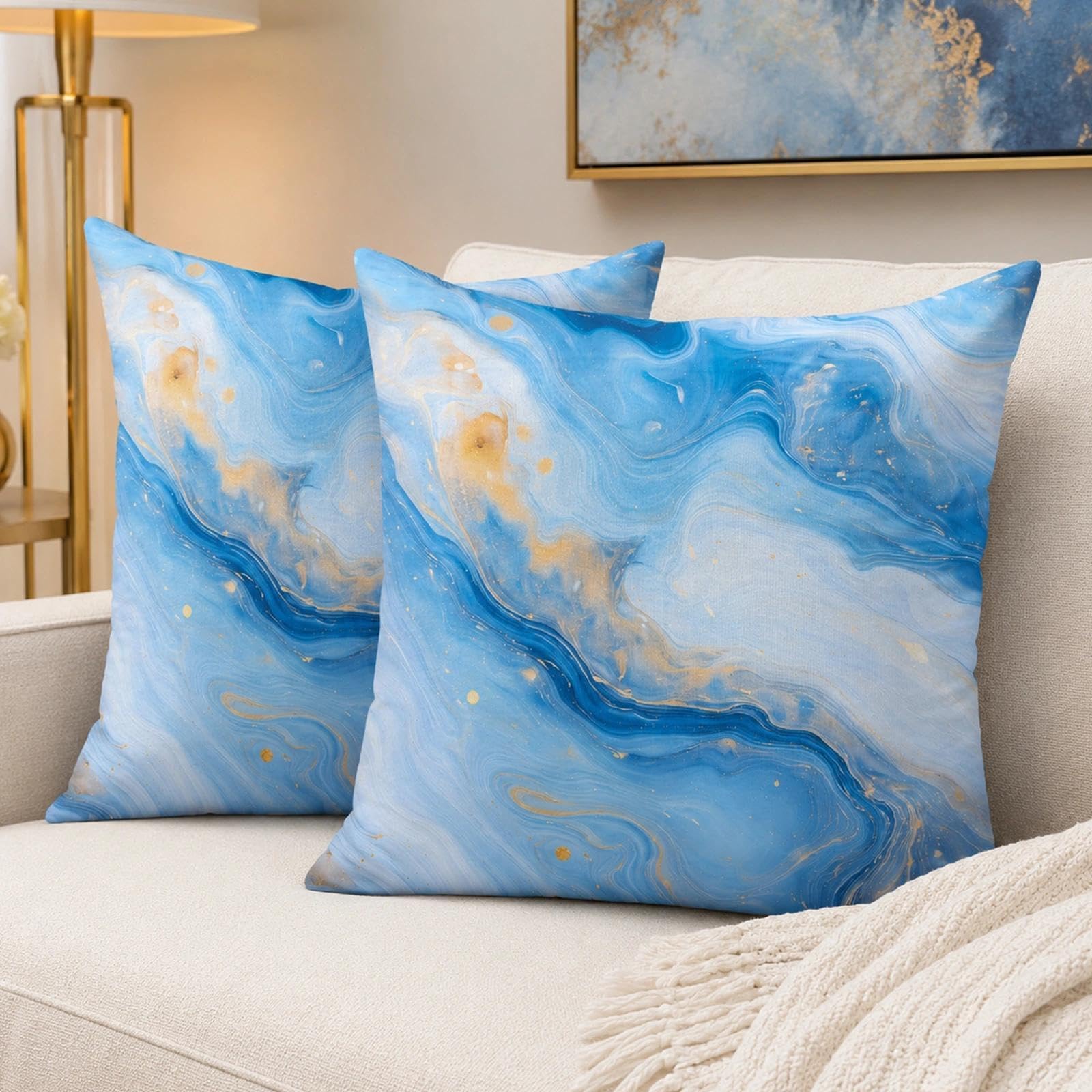 Blue Gold Marble Cushion Covers 45x45cm Set of 2, Abstract Swirl Fluid Art Throw Pillow Cases, Decorative Square Pillow Covers with Hidden Zipper for Sofa Couch Bedroom Living Room Home Decor 18 x 18