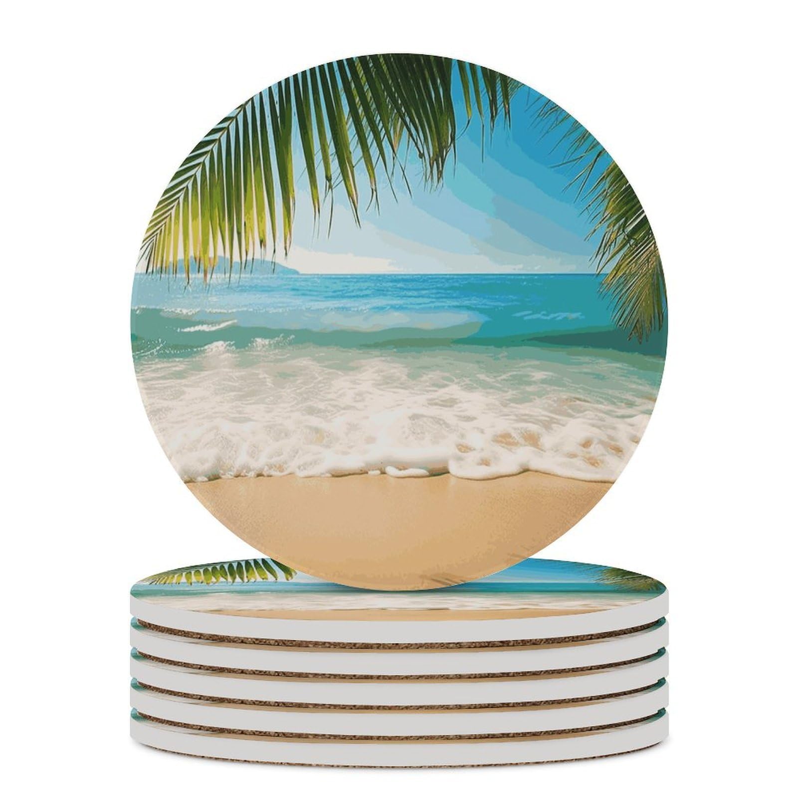 Ocean Sea Beach Palm Leaves Coaster with Cork Base Drink Coasters for Coffee Table Decor Modern Cup Coasters with Non-Slip & Heat-Resistant Cute Ceramic Table Coaster for Home Dining