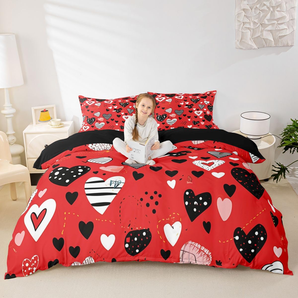 Homewish Miłość serce king size zestawy poszewek na kołdrę czerwona pościel w kształcie serca dla dzieci nastolatków romantyczna walentynkowa poszewka na kołdrę geometryczne paski zestaw pościeli