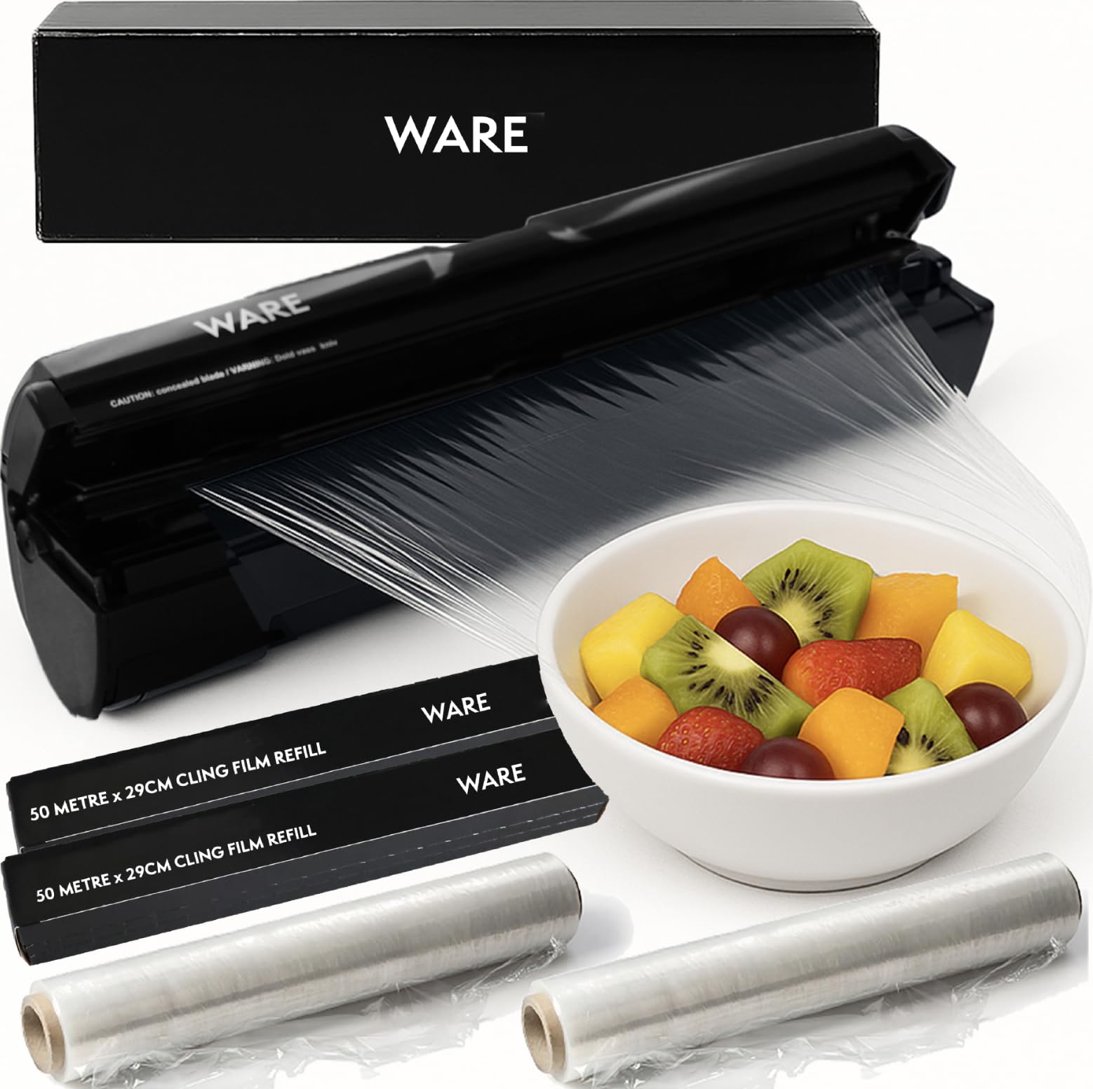 WARE Cling Film Dispenser + 2 Free 50m Rolls l Professional Quality | German-Engineered, PVC-Free l Eco Safe Cutting l Reduces Food and Plastic Waste