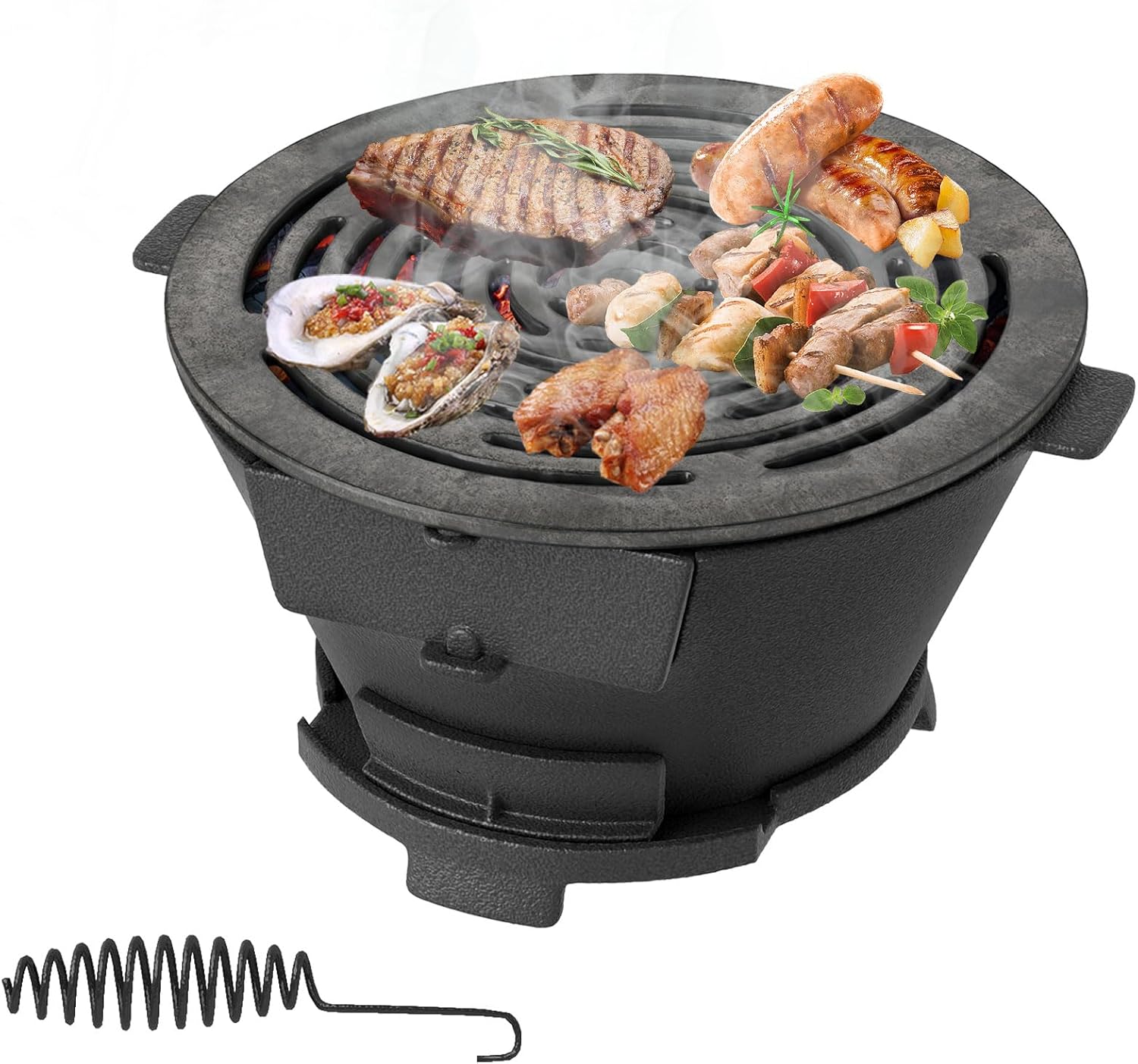HAPPYGRILL Cast Iron Charcoal Grill, Portable Hibachi Grill w/Air Regulating Door & Fire Gate, Grate Lifter, Double-sided Japanese Stove for Outdoor Camping Backyard Barbecue Party