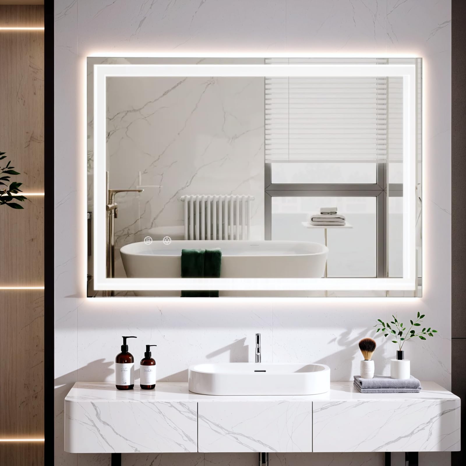 Clevich Badspiegel mit Beleuchtung 70×50 cm, LED Spiegel mit 3 Lichtfarben Dimmbar, Gehärtetes Glas Explosionsschutz, Touch-Schalter, Memory-Funktion, Beschlagfrei, Badezimmerspiege mit Licht