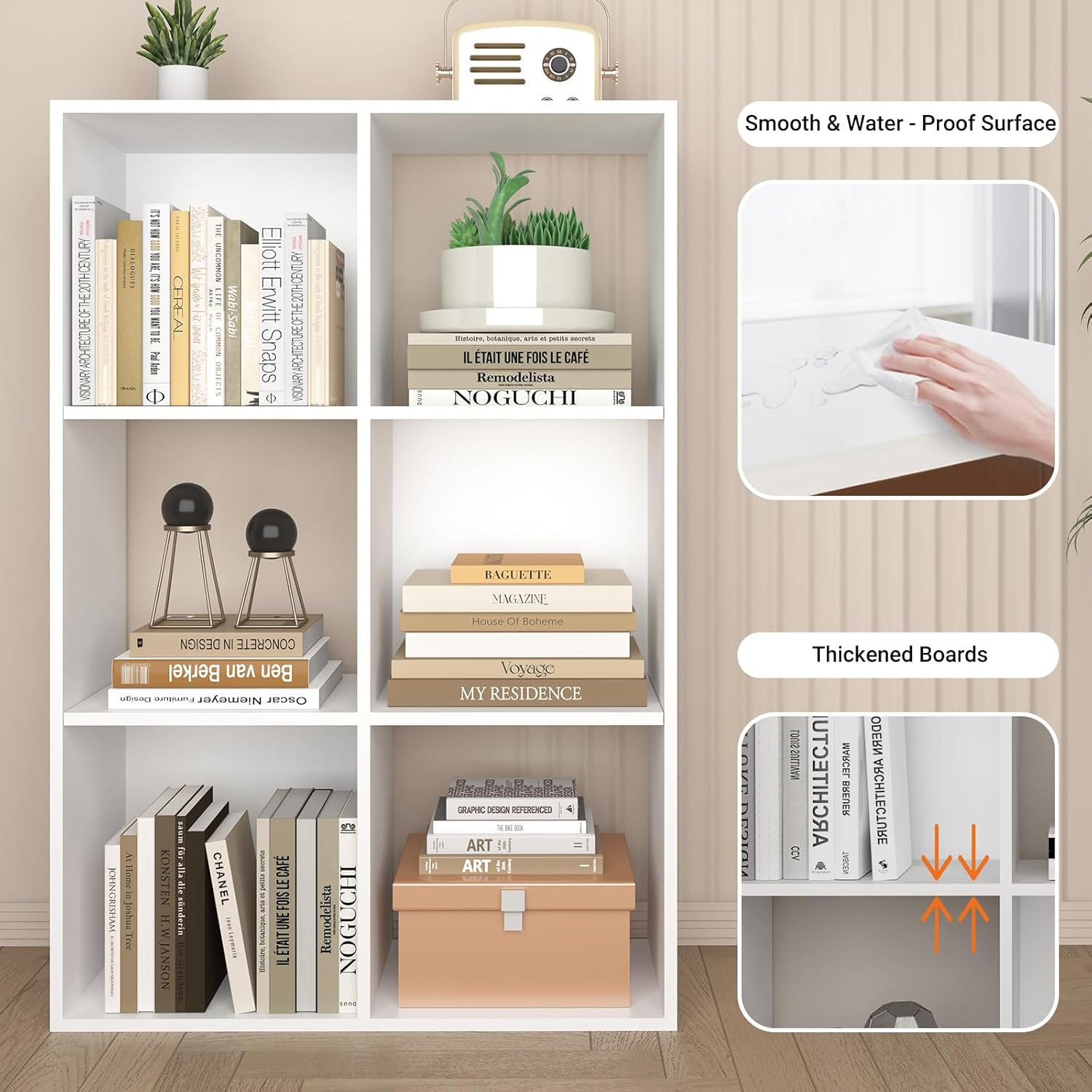 6 Cube Storage Organizer,3 Shelf Open Storage Display Bookshelf,Wood Bookcase with Open Back, for Living Room, Bedroom, Home, (White, 6 Cube)