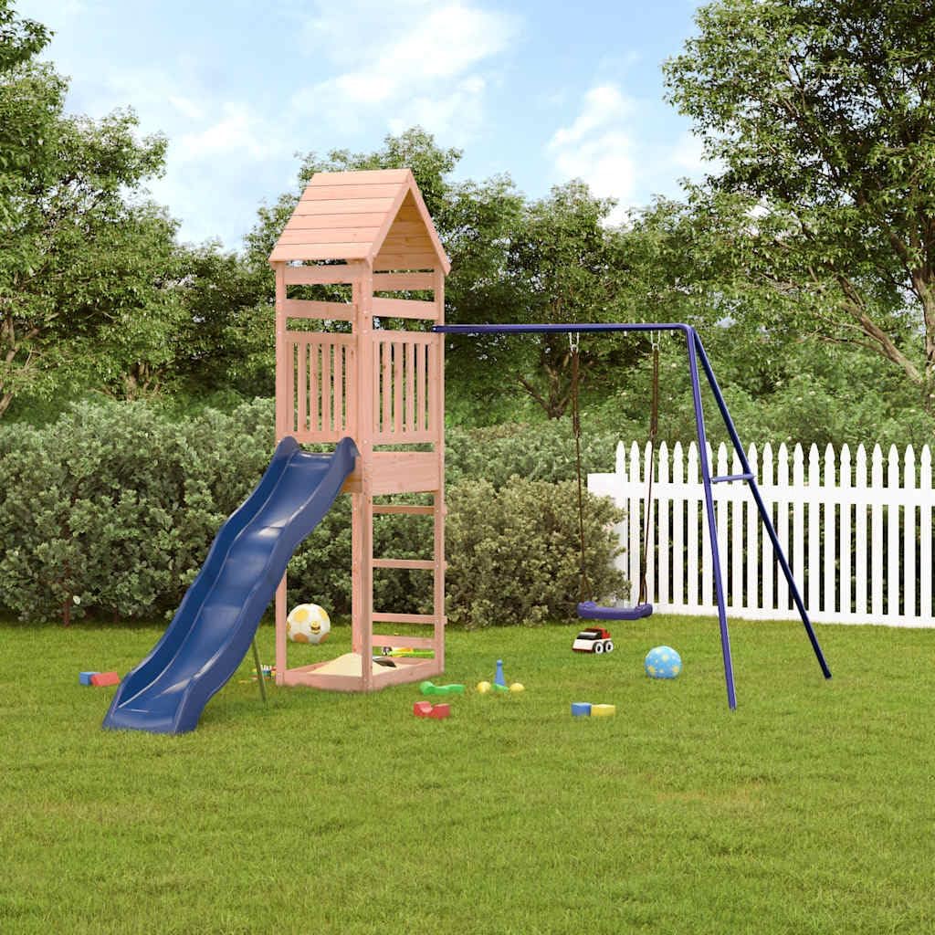 Wooden Outdoor Playset for Kids, Large Backyard Play Tower with Wave Slide and Swing, Sturdy Douglas Fir Wood Swing Set for Garden Play, Ages 3-8