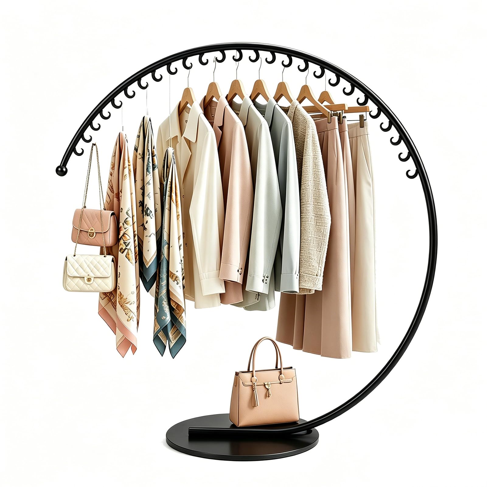 Porte-manteau en forme de C – Porte-vêtements commercial avec 26 anneaux – Gain de place, solide, charge 60 kg – Pour chambre, couloir, boutique (noir, 160x150cm)