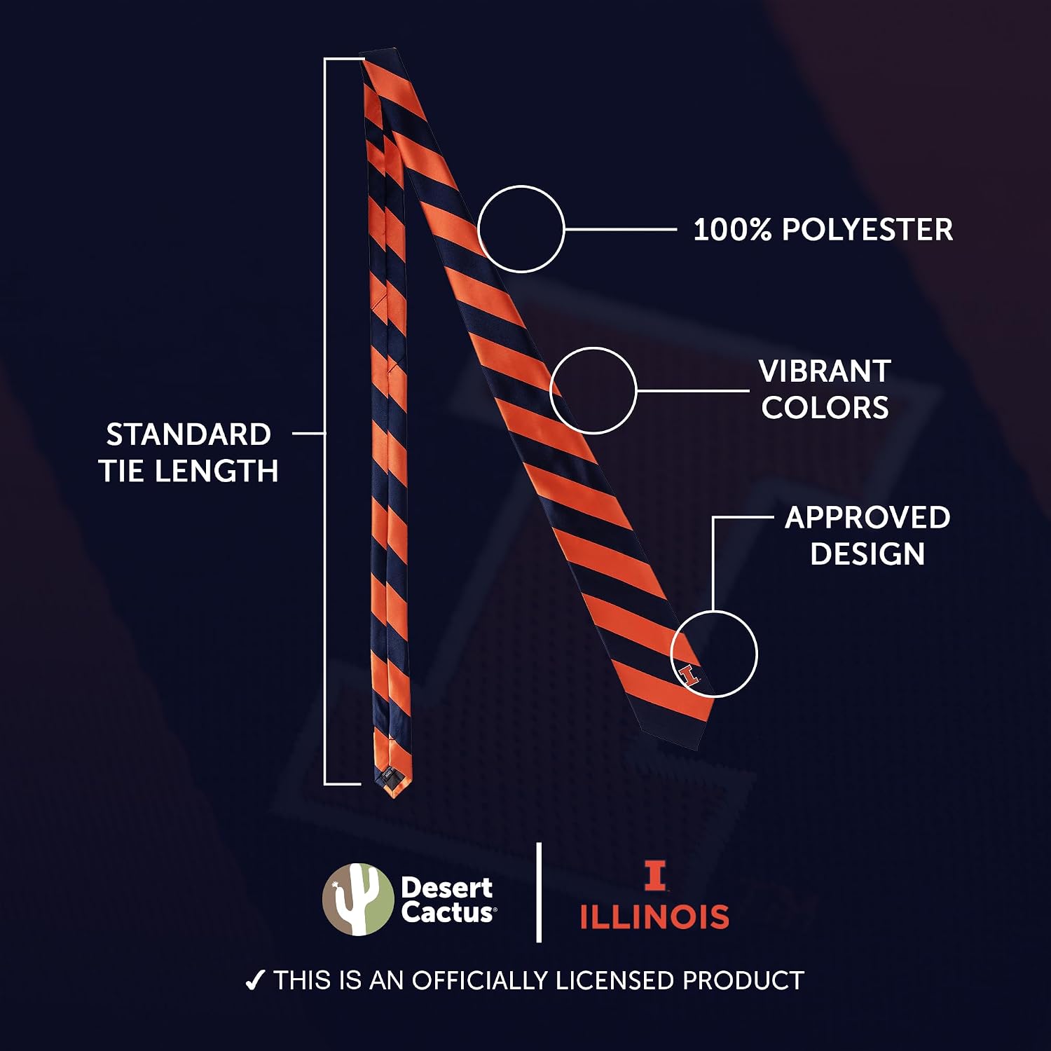 Desert Cactus University of Illinois - Urbana Champaign Neck Tie U of I Fighting Illini 100% Polyester Necktie with Logo, Officially Licensed