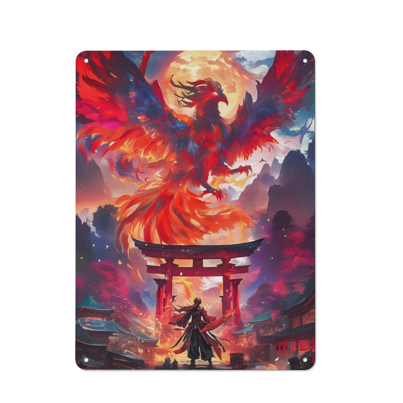 Understated Office Metal Sign 40x30cm Featuring Mystery Phoenix In Torii, Studio Wall Plaque for Office, Study, Studio Or Hallway