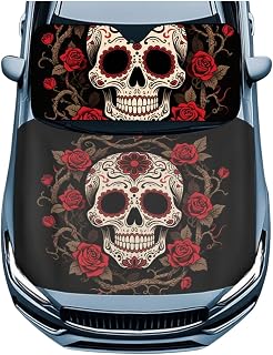 Howilath Red Rose Skull Auto Protection Bundle Polyester Hood Cover + Front Window Sunshade Foldable Blocks Sun Glare Protects Paint Easy Install