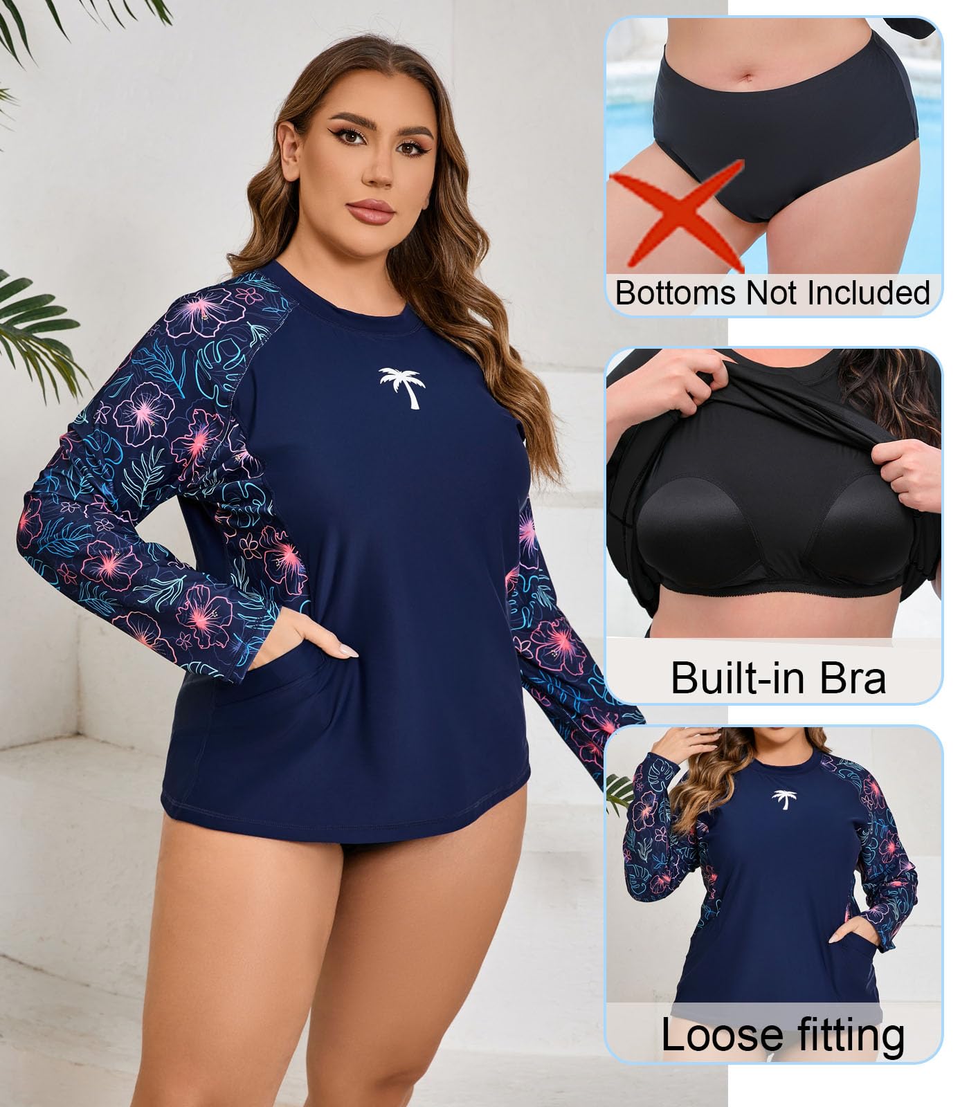 Halcurt Camiseta de natación de manga larga para mujer, talla grande, con brasier integrado, ajuste holgado, protección solar UPF50+