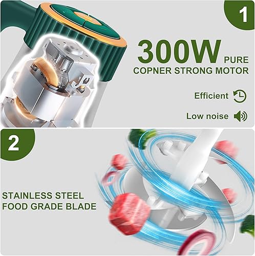 Vista 5 de Procesador de alimentos, picadora eléctrica de alimentos de 5 velocidades, picadora de carne con 2 cuencos (8 tazas + 8 tazas) y 2 juegos de Verde