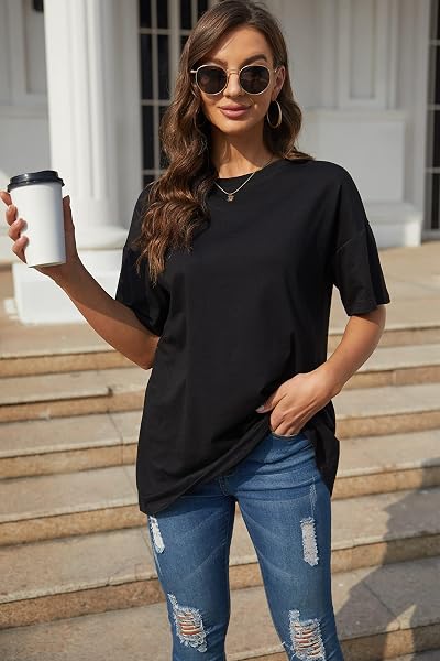 Ebifin Damen Oversize T Shirt Rundhals Kurzärmeliges Tops Casual Lockere Basic Sommer Tee Shirts Bluse. - 4