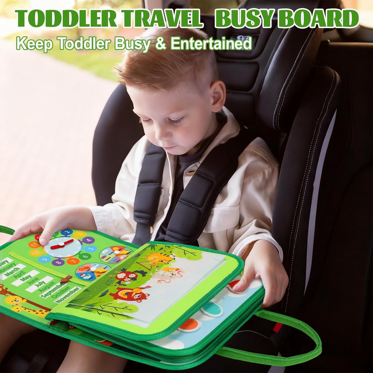 Busy Board for Toddlers, Montessori Toys for Boys Girls, Educational Learning Activity Quiet Book with Life Skills, Toddler Travel Toys Birthday Gifts (Green)