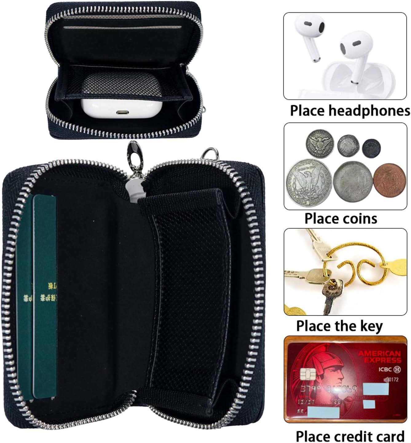 MagSafe Wallet with Kickstand, Phone Lanyard for iPhone 17 Pro Max & Magnetic Phone Case, Leather Zipper Pocket Large Capacity for Earpod/Small Earphones/Keys, RFID Blocking Card Holder (Black)