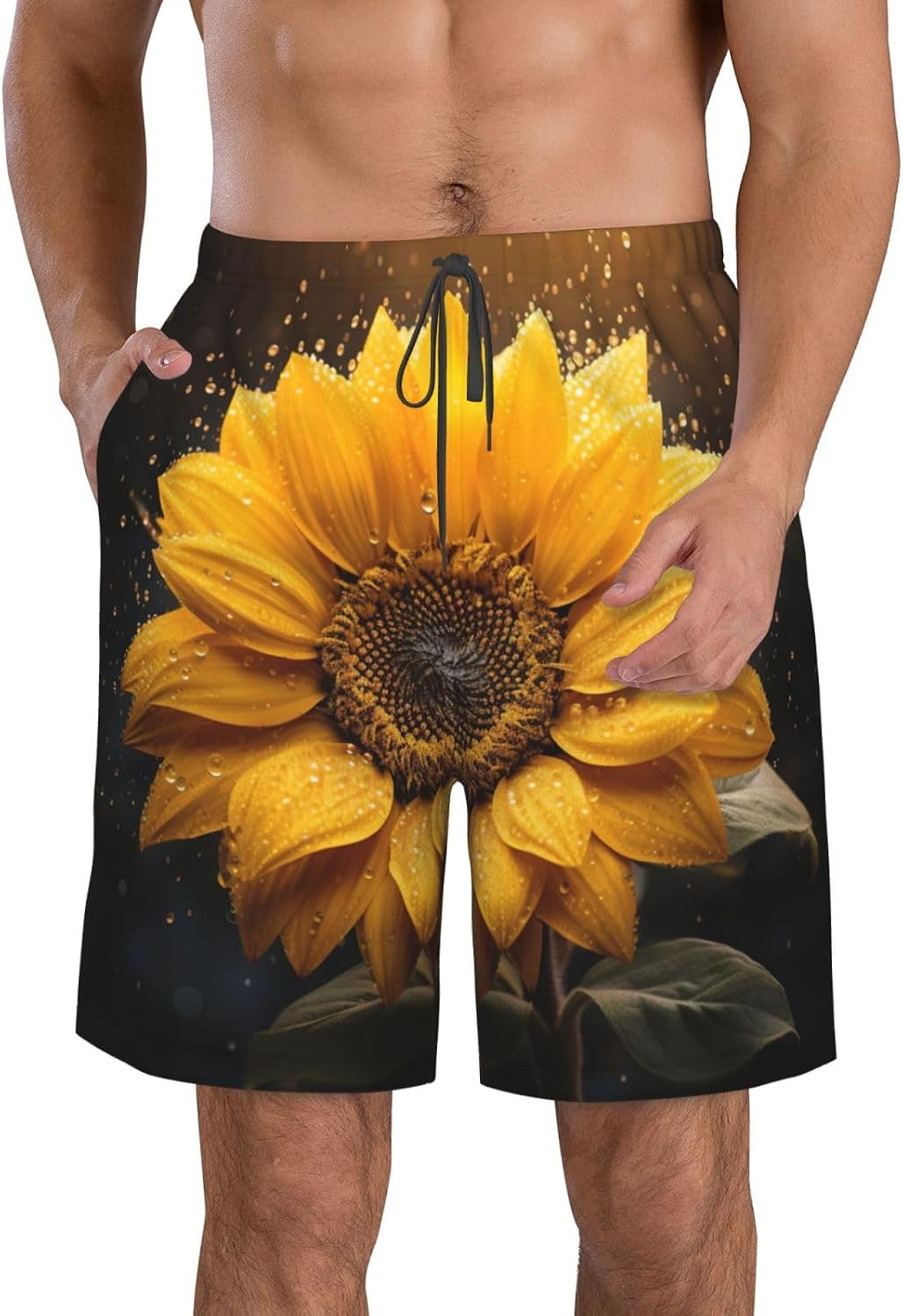 Beautiful Sunflower 4 Print Men's Quick-Drying Shorts Casual Beach Pants Stretch Waist Shorts and Pockets
