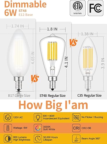 Miniatura 10 de CRLight Bombilla LED de candelabro de 6 W 4000 K, luz blanca diurna, equivalente a 70 W, 700 lúmenes, regulable, bombillas LED E12, estilo vintage