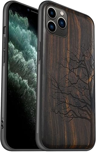 Miniatura 9 de Carveit Funda de madera para iPhone 11 madera real dura y TPU suave negro a prueba de golpes, protector híbrido único de madera para teléfono