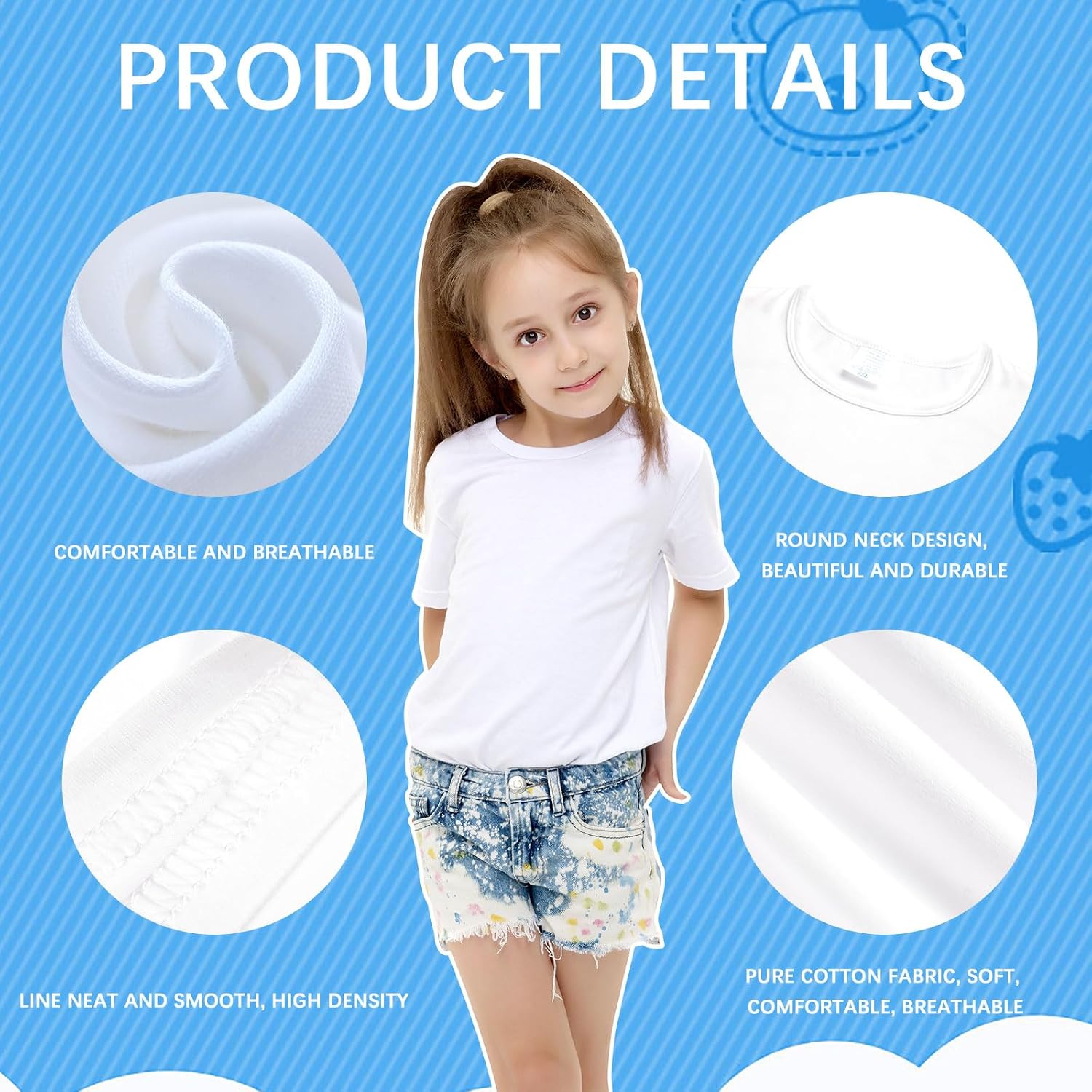ORJ 2 Pack Polyester Kid Shirt Sublimation Blank T Shirts Polyester Tshirts for Sublimation White Crew Neck