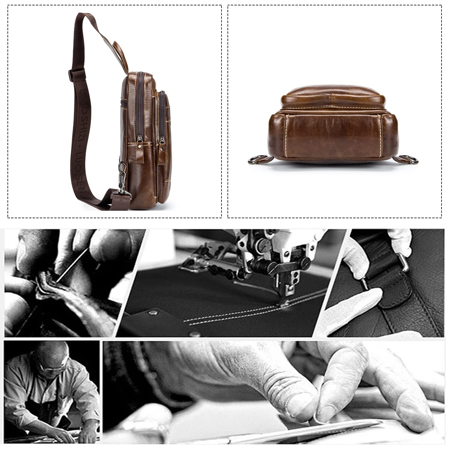 FANDARE Zaino A Tracolla In Vera Pelle Per Uomo, Stile Vintage Con Cintura Regolabile, Borsa A Tracolla Toracica Per Escursionismo, Ciclismo, Viaggi E Campeggio