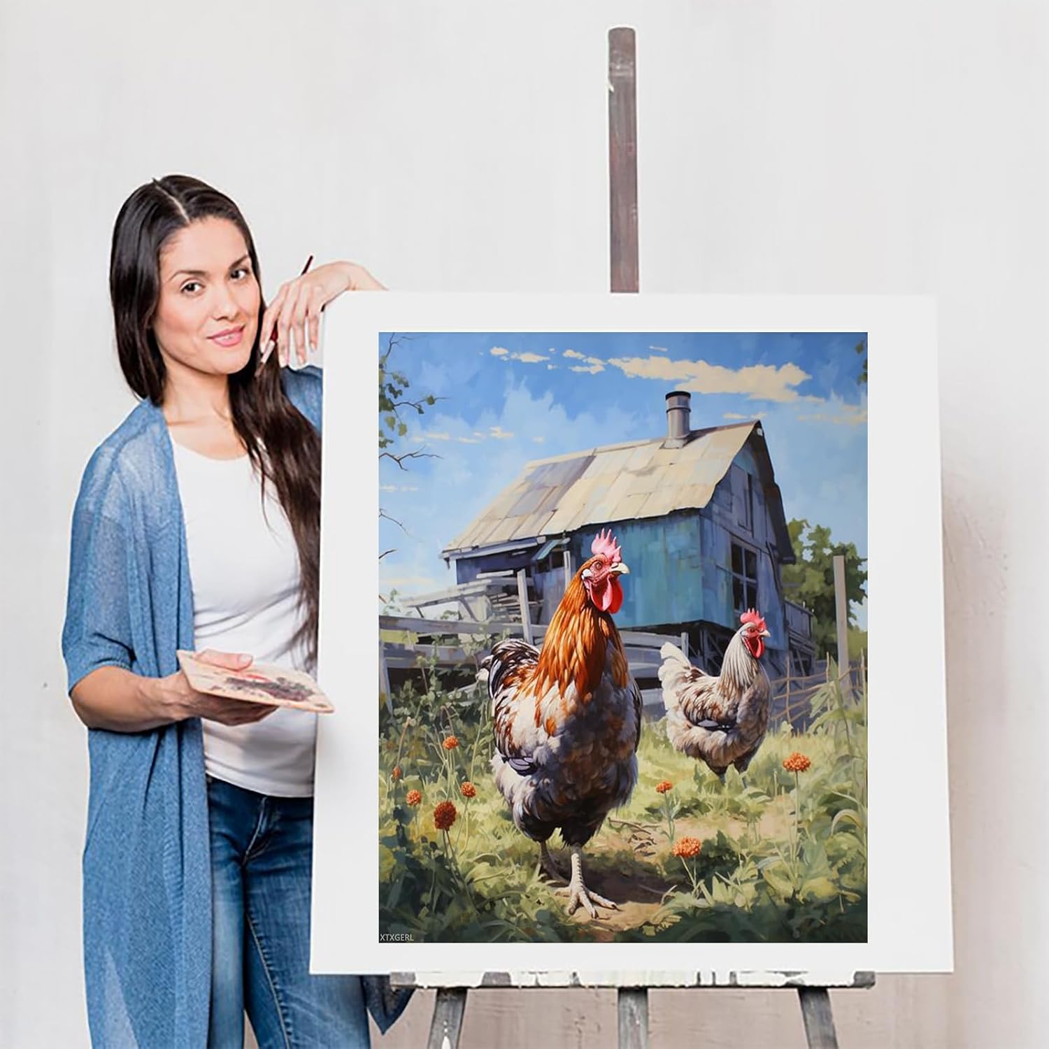 XTXGERL Paint by Numbers Kits Hen, Chicken, Farmyard Paint by Numbers for Adults DIY Oil Painting Art Decor Kits Pre Printed, 16x20in, Without Frame