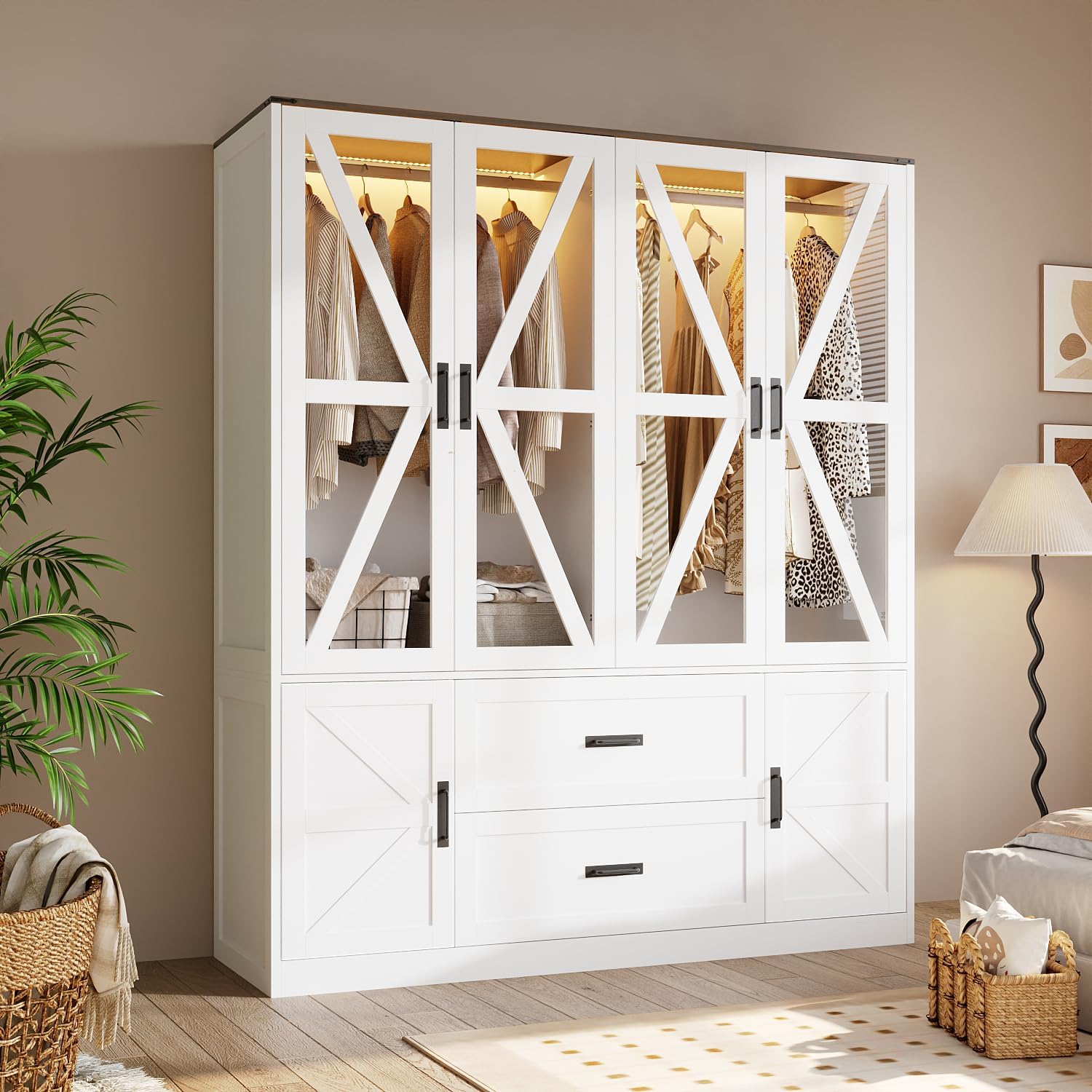 Large Wide Almirah for Clothes, 74.8" Tall Framhouse White Closet Storage Cabinet with Doors and Storage Shelves, Standing Wardrobe Closet with Drawers and Adjustable LED Light for Bedroom