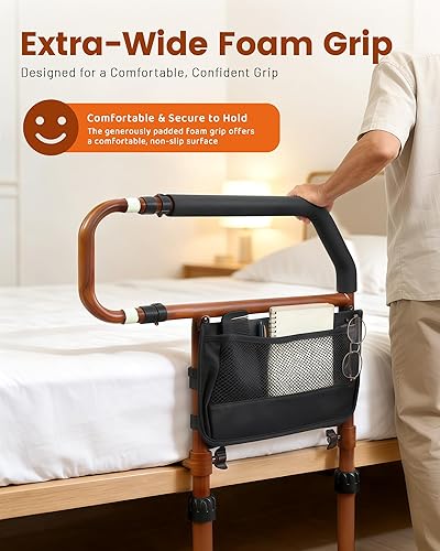 Miniatura 3 de Sangohe Riel de cama para ancianos, asa de barra de apoyo de cama con bolsillo de almacenamiento, rieles de seguridad para adultos mayores que