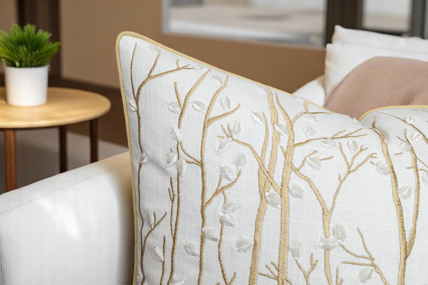 VAGMINE Embroidered Botanical Accent Pillow Cover 20x20 – Ivory Cotton Square Cushion Cover for Farmhouse Chair & Couch Styling – Forest