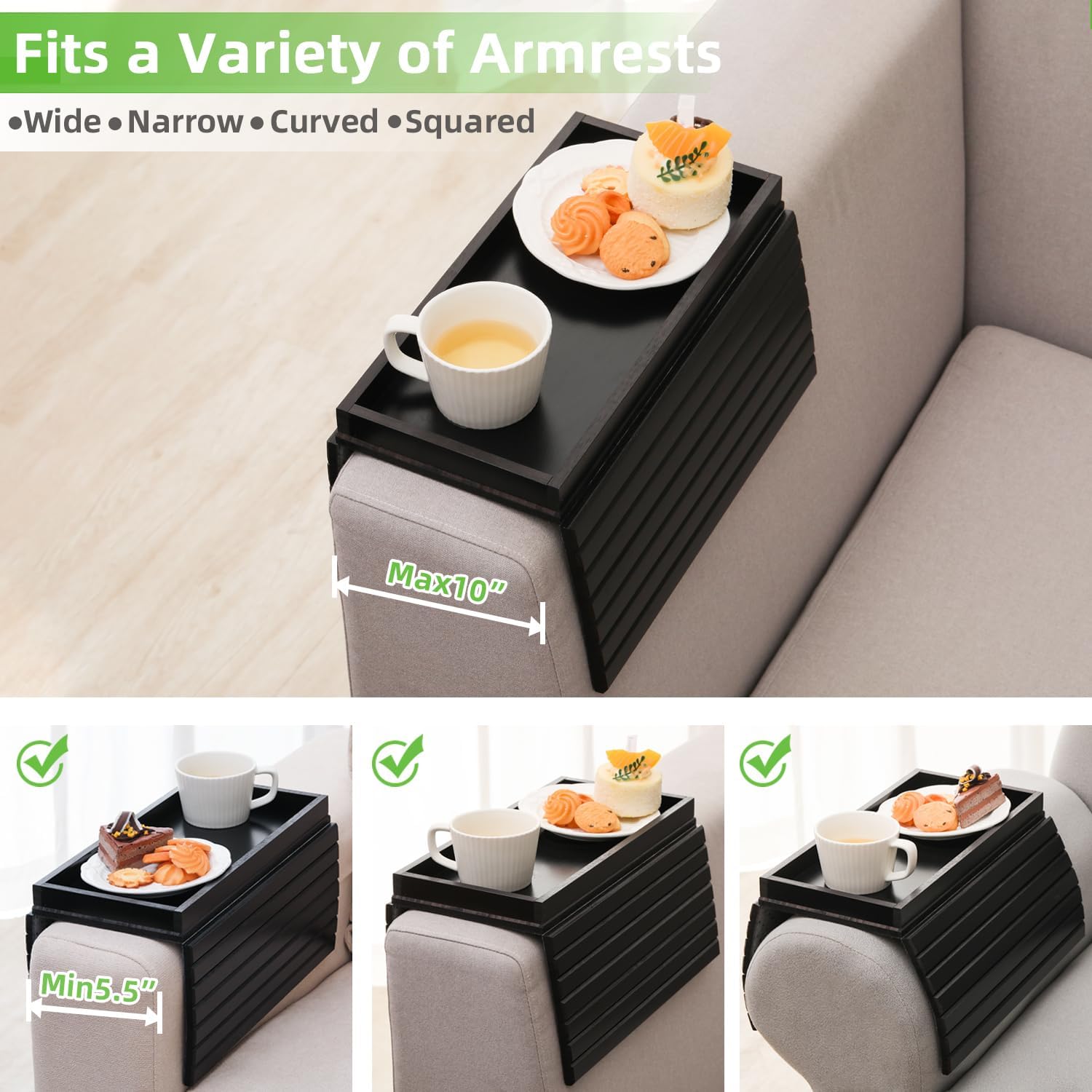 GEHE Bamboo Sofa Arm Tray, Foldable Couch Arm Tray Side Table, Anti-Falling Armrest Tables Cup Holder for Snacks, Drinks, Beers, Phone, Control, Flexible and Portable, Anti-Slip Bottom