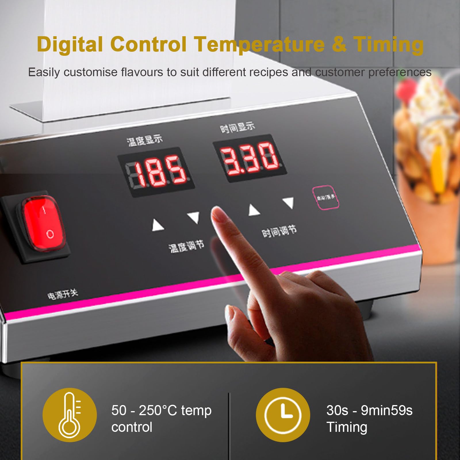 Gofrera De Burbujas Comercial De 1400 W,Plancha Giratoria De 180°,Doble Calentamiento,Mango De Madera,Control Digital De Temperatura Y Temporizador,para Helados Y Gofres De Hojaldre