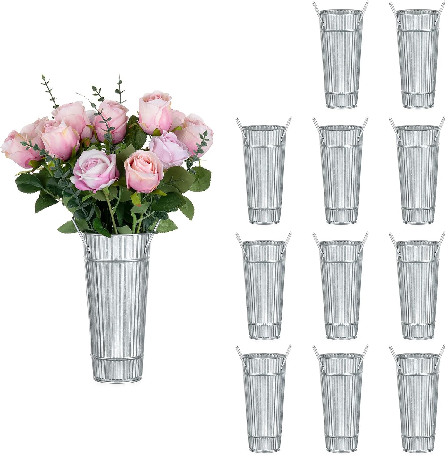 Galvanized Bucket Vases for Flower Bar: NUPTIO 12 Pcs 9" Tall Farmhouse Metal Vase for Wedding Sparklers - Tin Buckets French Country Decor for Table Centerpiece Home Garden