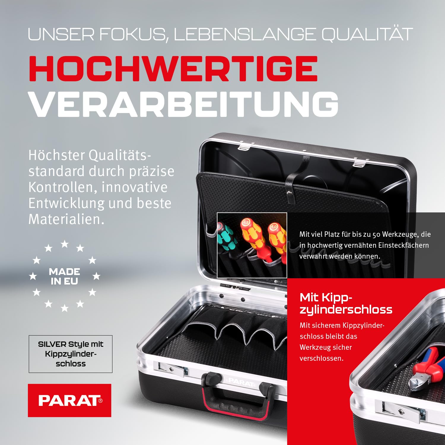PARAT SILVER Style Werkzeugkoffer leer X-ABS Aluminium 27 Fächer teilbare Bodenschale Toolbox