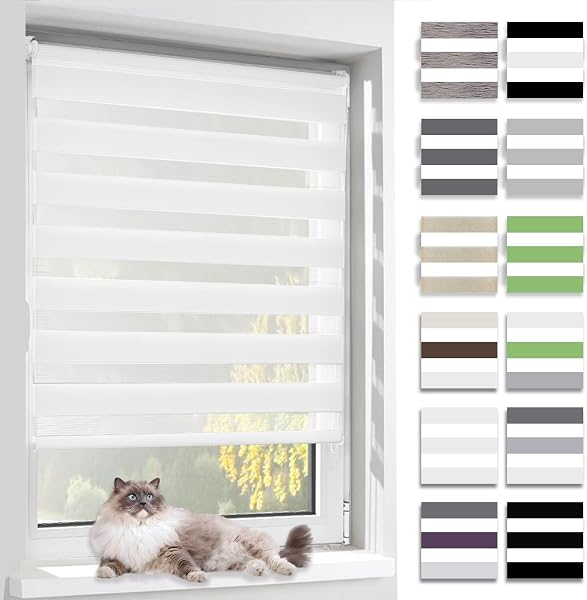 BelleMax Store Enrouleur Jour Nuit,Tissu Double,Rideau sans Perçage,Translucide Occultant Protection Vie privée,pour Fenêtre et Porte,(Largeur du Tissu 50 cm),Blanc,50l x 120L cm - 1