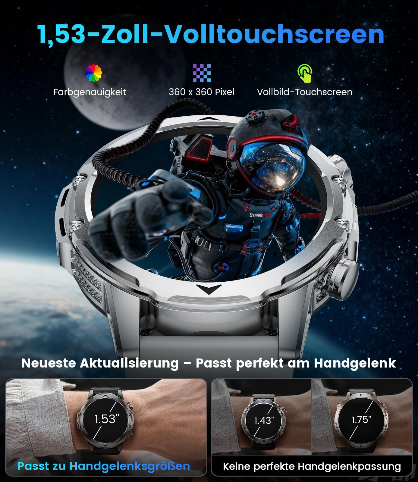 Orologio Smartwatch Uomo con Chiamate/Batteria 1000 mAh per Android iOS, 1,53" HD Smartwatch Militare con Frequenza Cardiaca/129 Modalità Sportive, Impermeabile IP68 Torcia Fitness Watch, 3 Cinturini