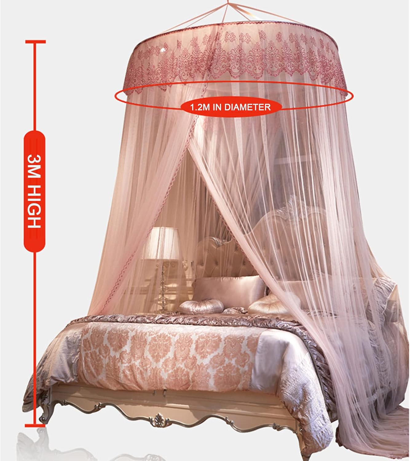 Bed Canopy, Mosquito Nets with Lace Dome for Double and Single Bed Bed Tent with Adhesive Hook Hanging Install Height,Beige