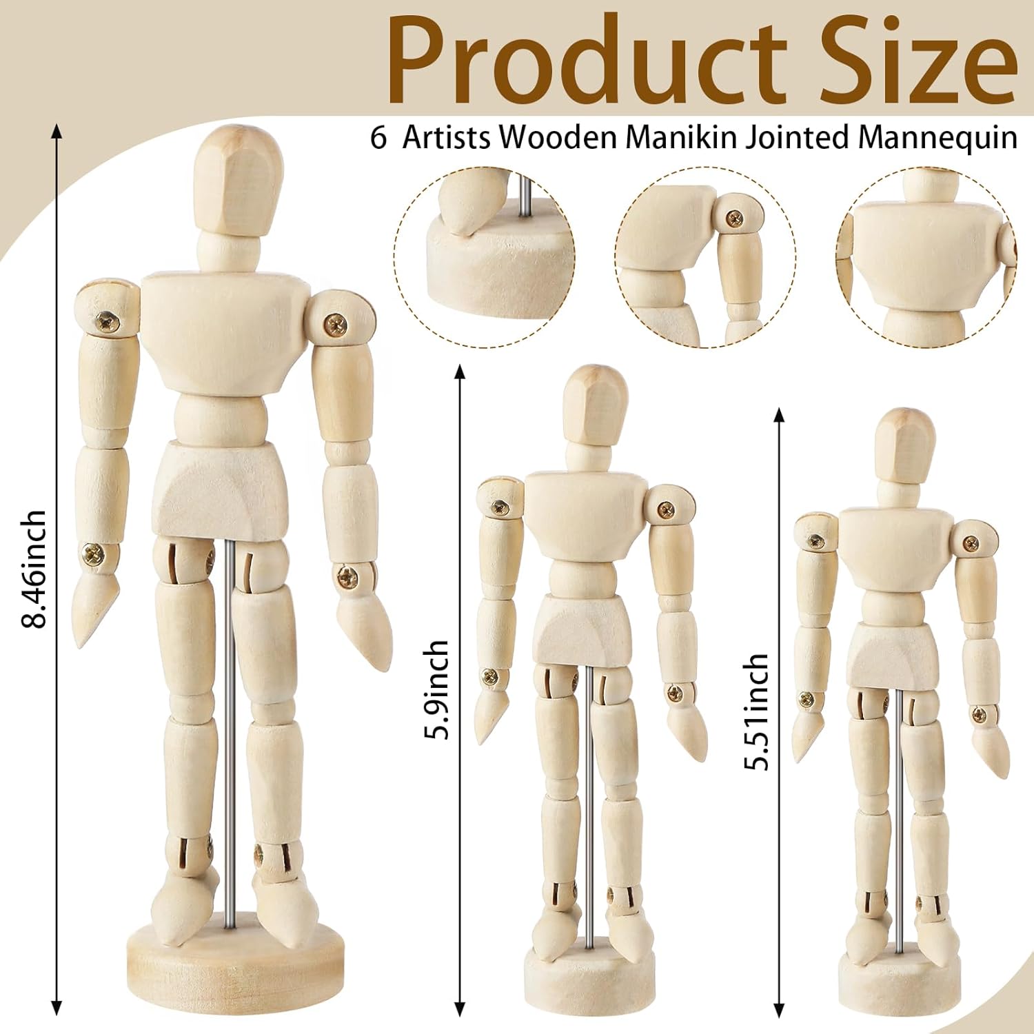 Menkxi 6 Pcs 8.5" 6" 5.5" Artist Wooden Manikin Flexible Body Joints Human Figure Wood Male Mannequin Puppet Model Doll Ornament Stand for Home Office Desk Decoration Sketching Drawing Painting