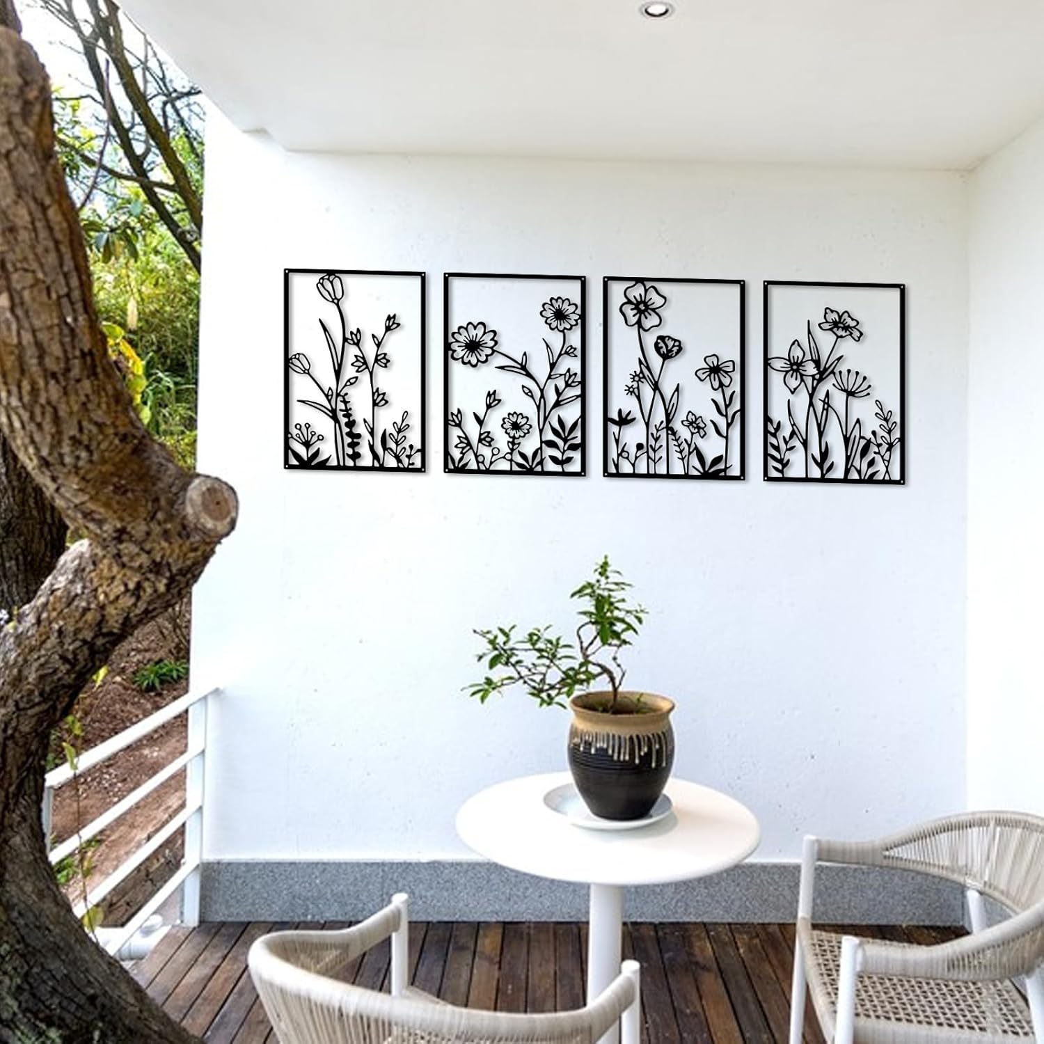 4 Pieces Abstract Black Metal Flowers Wall Sculptures for Home Decor, Contemporary Floral Wall Art Set, Modern Black Line Wall Hanging Decorations for Bedroom Living Room Bathroom,12 x 17 Inches