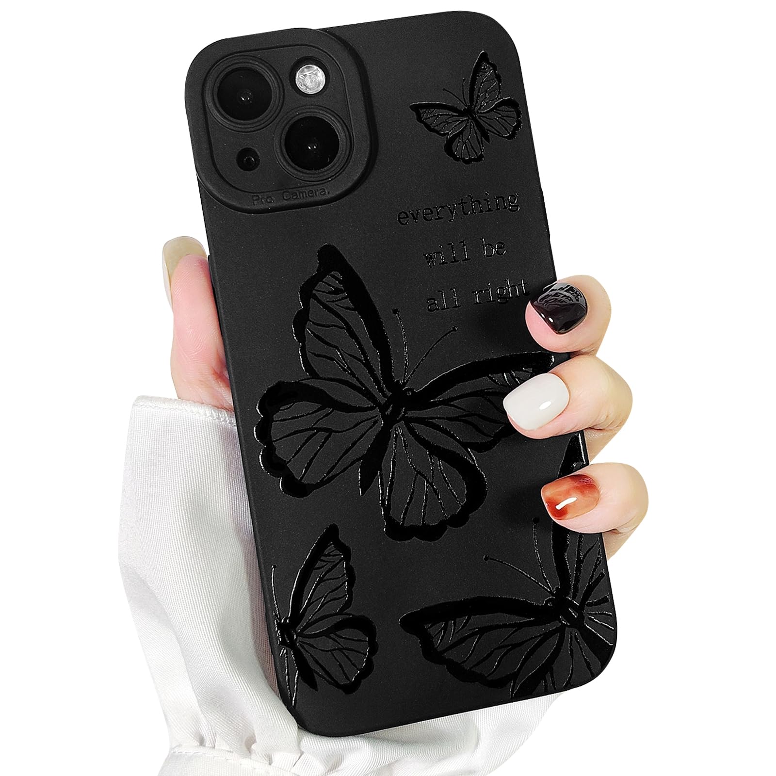Compatible for iPhone 14 Plus Case Cute Cool Butterfly Black Design for Girls Women Soft TPU Shockproof Protective Girly for iPhone 14 Plus-Four Butterflies