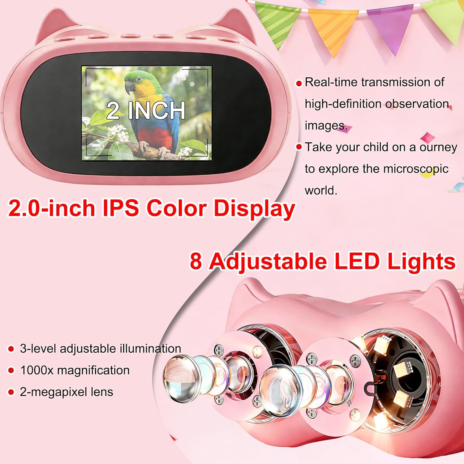 1000X Digital Microscope for Kids &Binoculars,Handheld Kids Microscope with 2.0" Screen,Rechargeable USB Portable Microscope,STEM Education Toys Christmas Birthday Gifts for Kids Boys Girls Ages 4-12