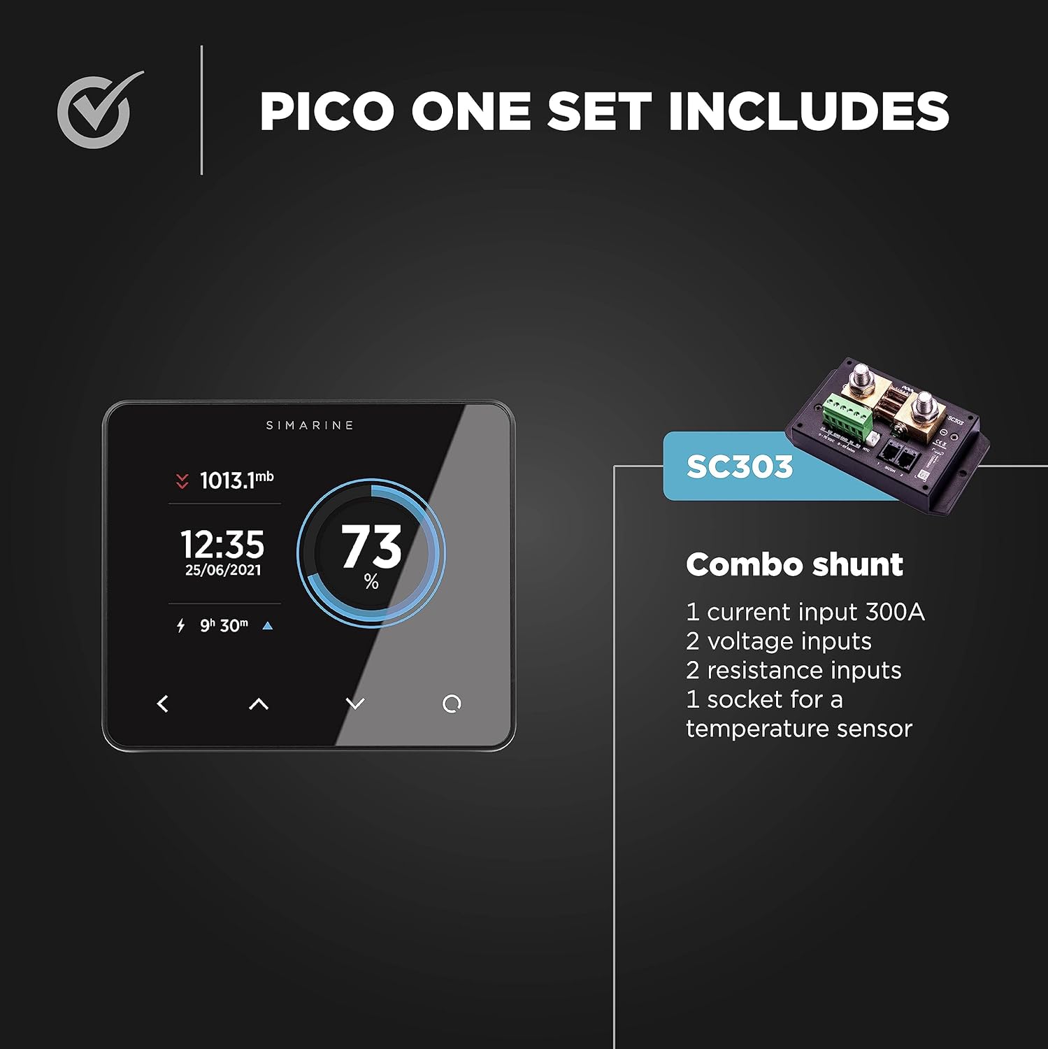 Pico One Battery Monitor Set, Multi-Voltage System Monitoring, Lead Acid & Lithium Battery Compatible, Tank & Temperature Monitoring, Shunt 300 A, Easy Installation, Barograph (Silver)