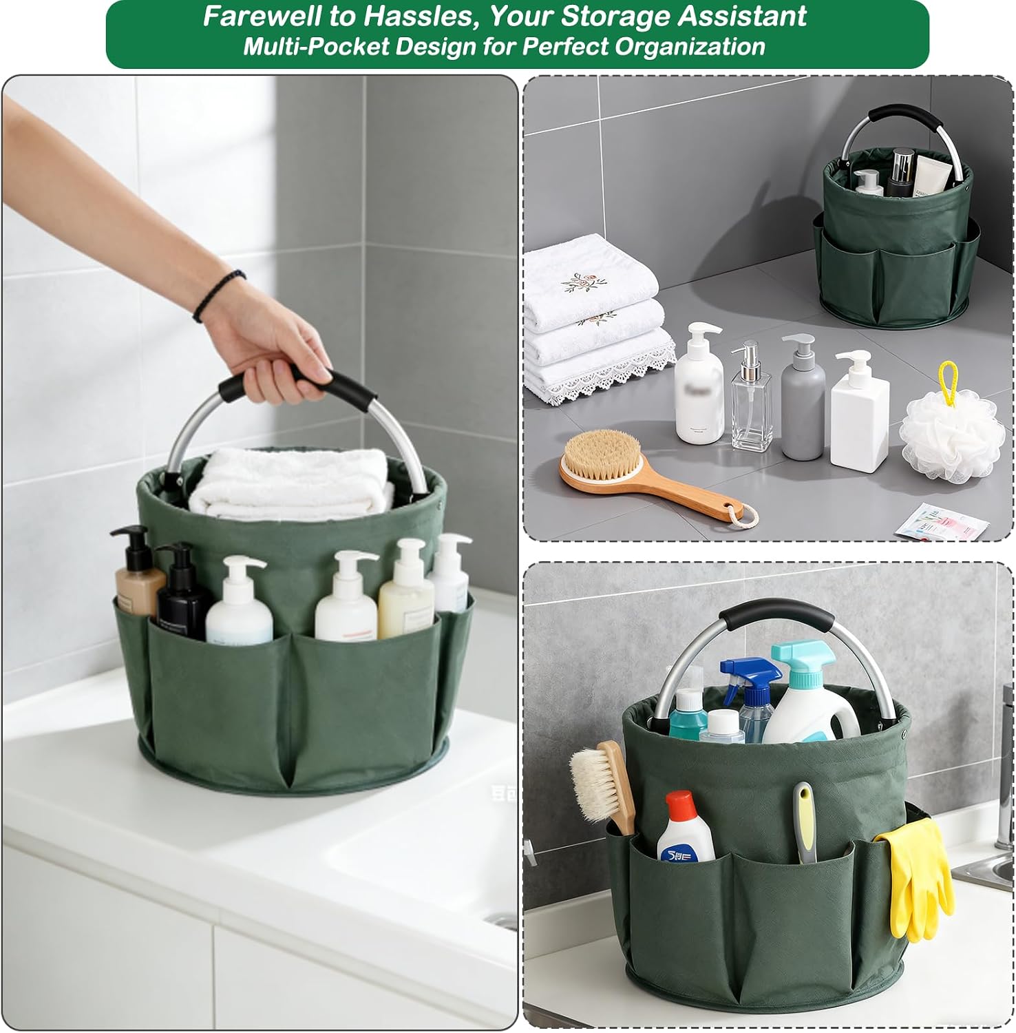 17L Foldable Cleaning Caddy with Handle, Cleaning Supplies Organizer Storage Basket with 6 Side Pockets, Portable Multi Cleaning Bucket Bag for Home Garden Bathroom Camping (Green)