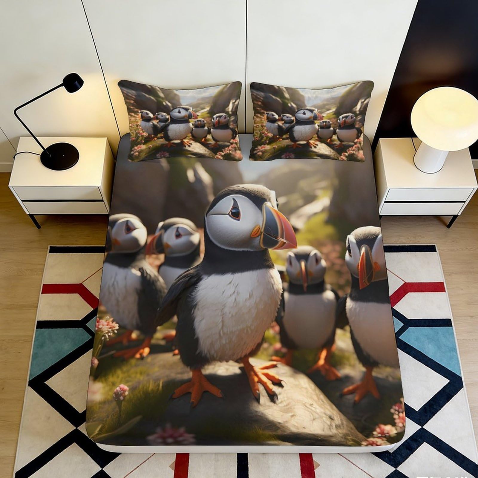 Jqzkxnhpbr Style-5 3D Printed Puffin Cartoon Fitted Sheet Microfiber Soft Anti-Slip Animal Pattern Bed Cover For Bedroom Dorm Rental Decor 90X200x25cm