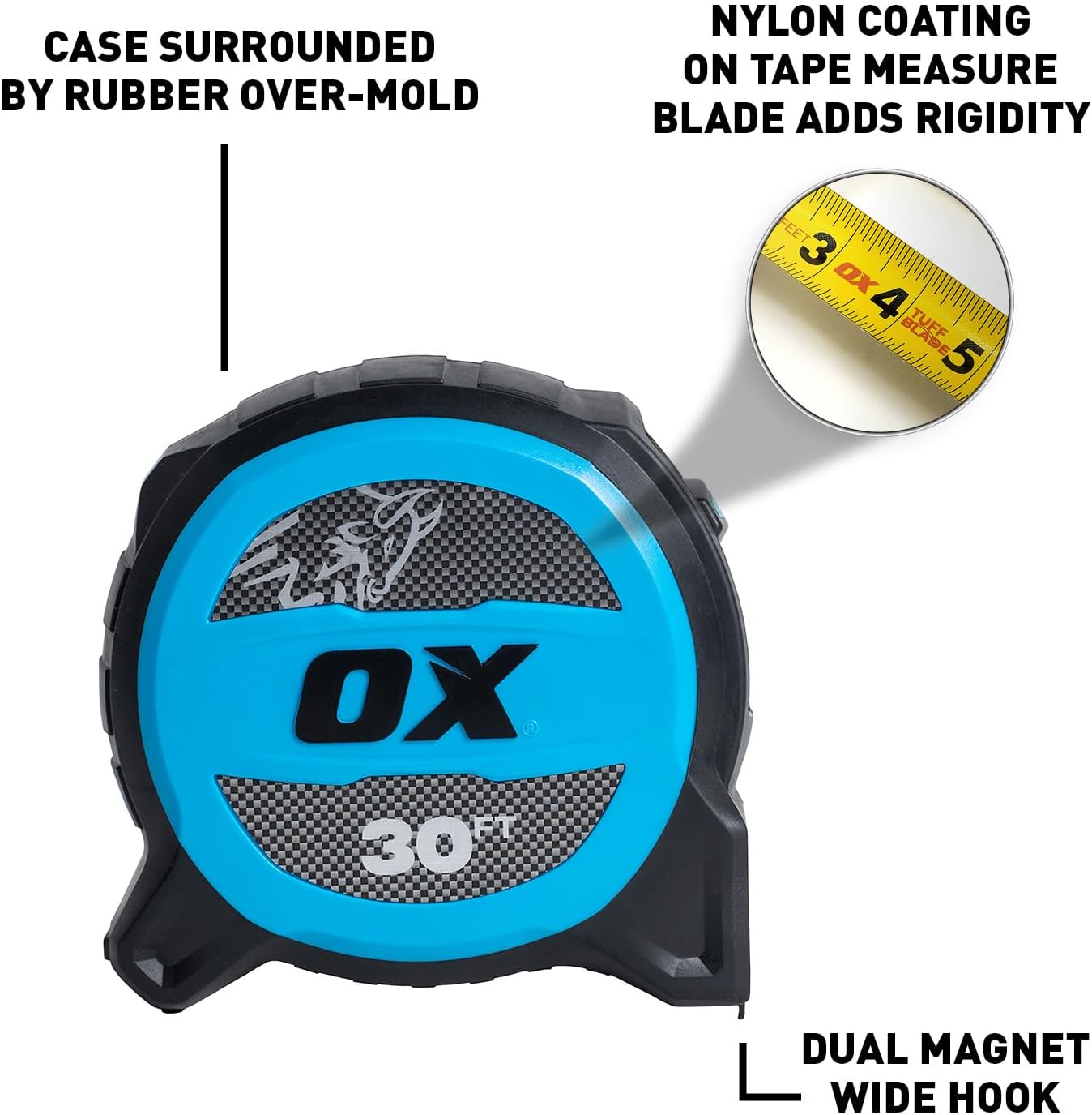 Ox Tools 10-Ounce Heavy Duty Caulk Gun with 24:1 Thrust Ratio & Tuff Blade 30ft Shock Proof Tape Measure with Dual Magnet Hook, 1-1/4" Nylon Coated Blade — Construction Tool Bundle