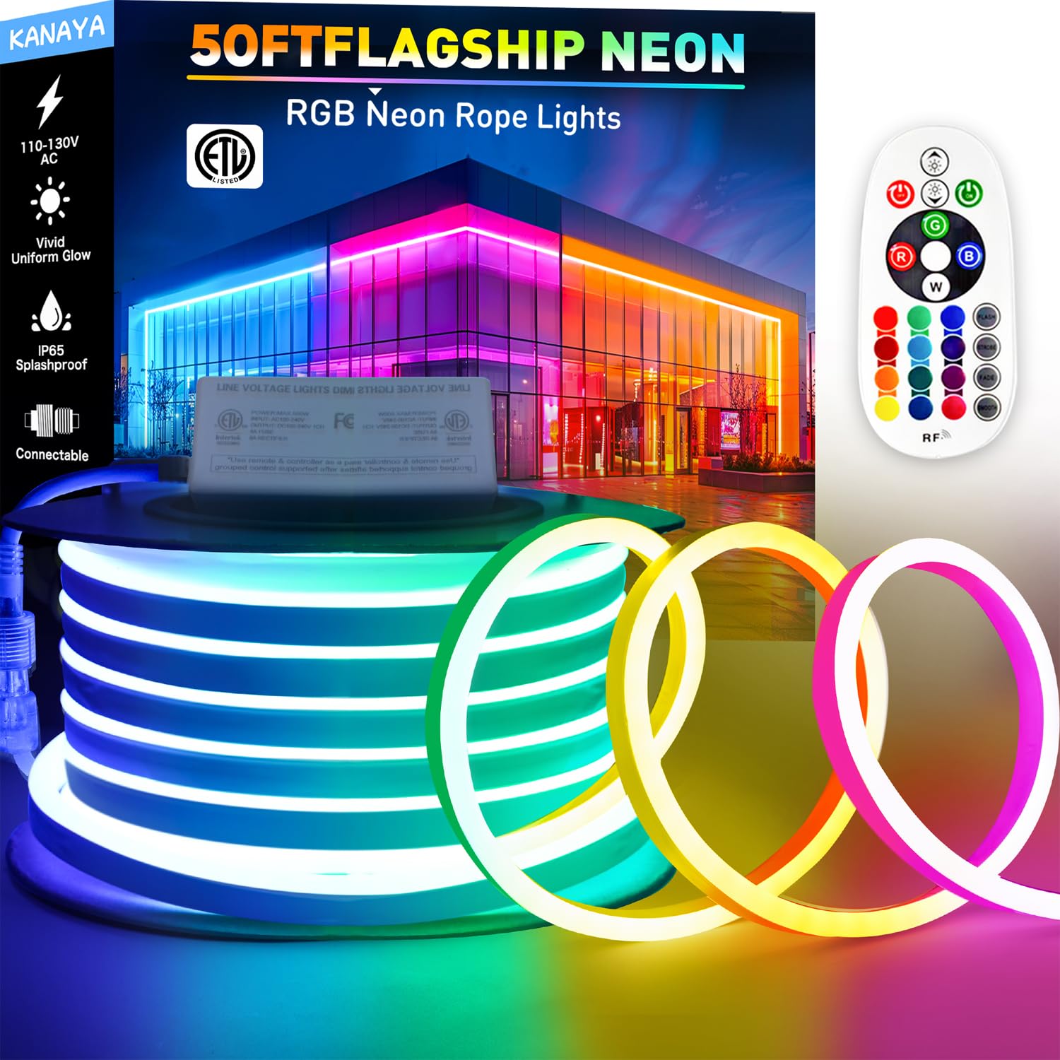 KANAYA 50ft RGB Led Neon Rope Lights ETL Listed, 110-120V Waterproof Color Changing Lighting Strip Remote Control, for Residential Commercial Outdoor Indoor Decor