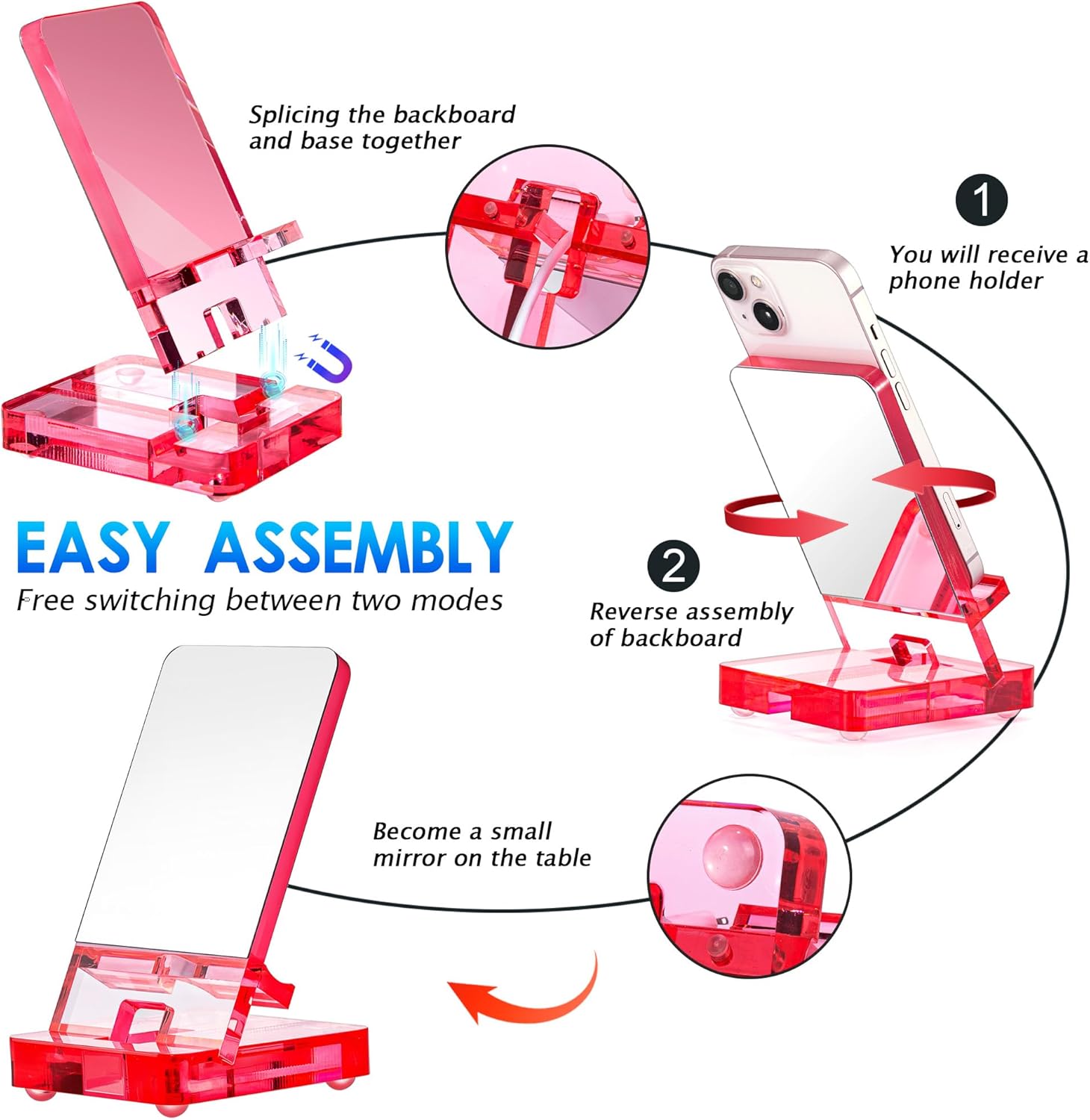 Removable Acrylic Desktop Cell Phone Holder with Flat Mirror (Pink)
