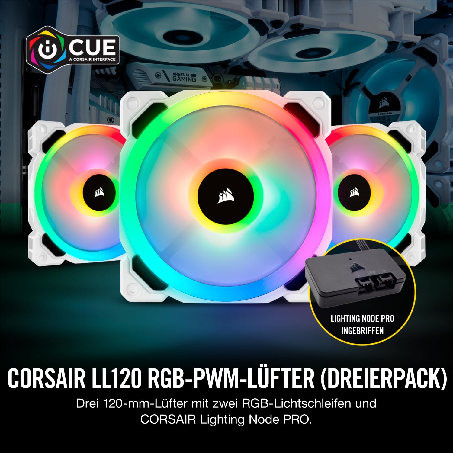 Corsair LL120 RGB LED PWM PC-Gehäuselüfter (120mm Dual Licht Loop RGB LED, Dreierpack mit Lighting Node PRO) weiß