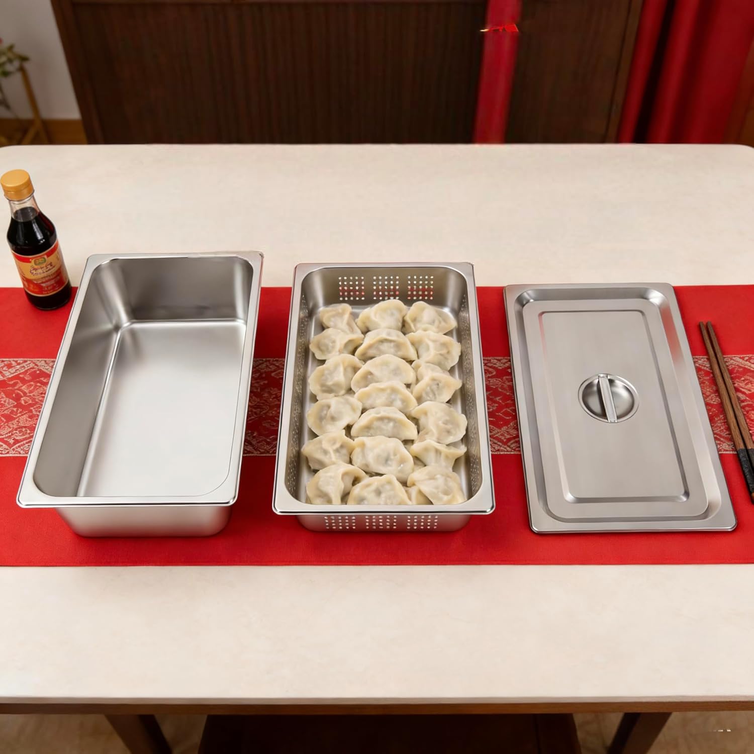 A Set Full Size Steam Table Pan Hotel Pan with Perforated Steaming Basket and Lid, Food Warmer Food Pan Tray Buffet Servers Pans Hot Water Pan for Restaurant Catering Kitchen Supplies