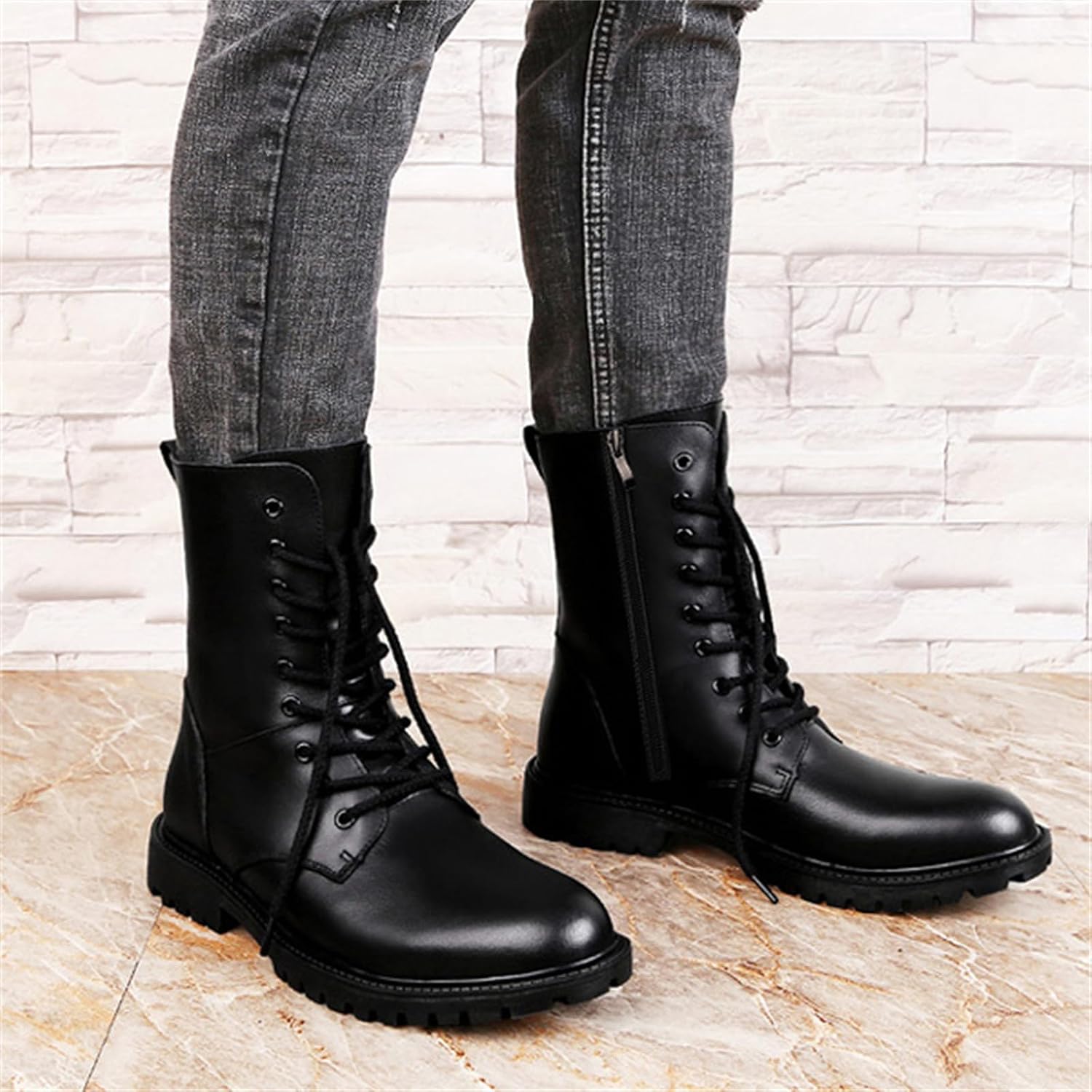 Men's Genuine Leather Lace Up Ankle Combat Boots With Side Zipper Round Toe Low Heel Classic Y2K Motorcycle Goth Style For Casual Outdoor Daily Wear Work Outdoors Hiking Adventures